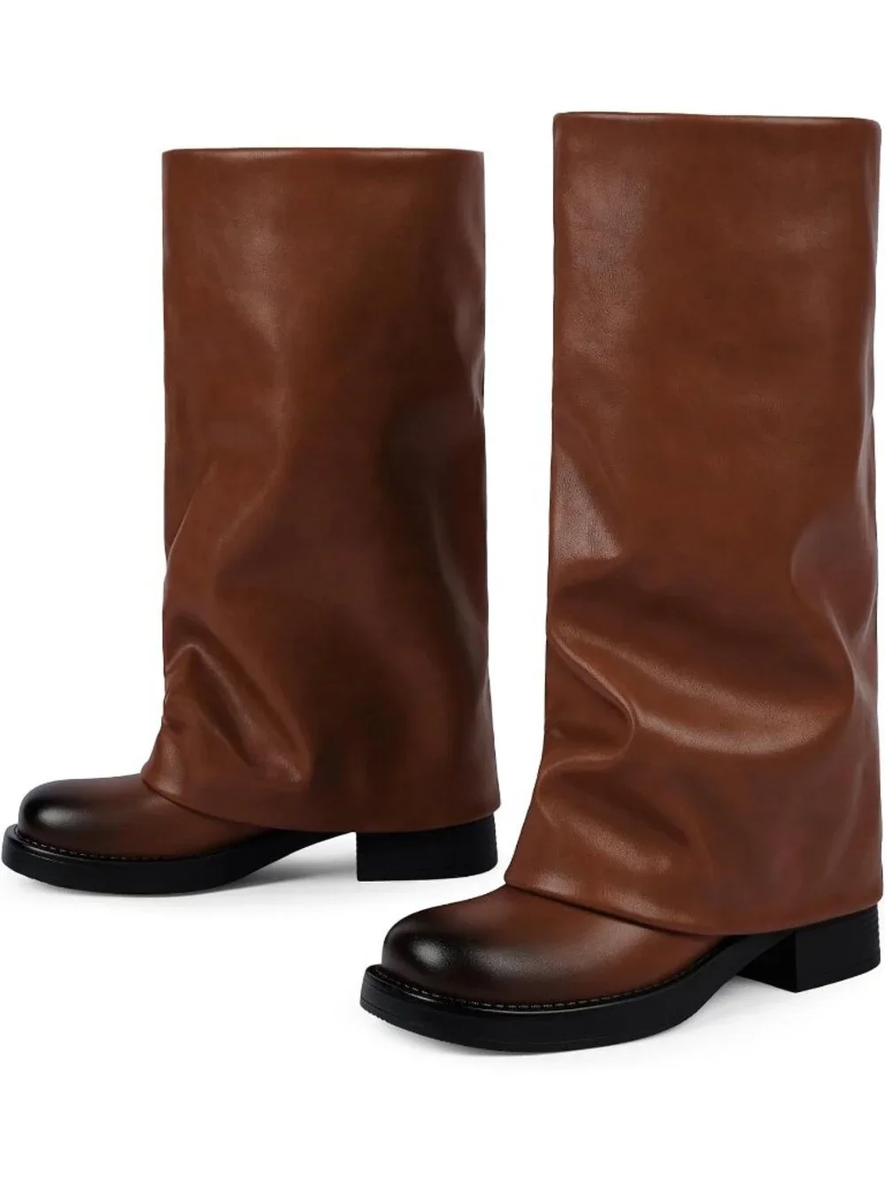 Women's Brown Pu Pointed Toe Chunky Heel Faux Leather Over The Knee High Boots